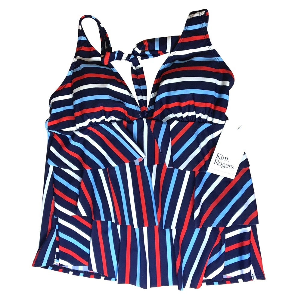 Kim Rogers Striped Ruffle Tiered Tankini Swim Top Medium Harbor Navy Multi